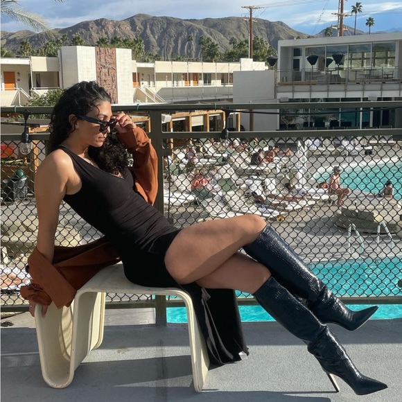 Jimmy Choo Mavis 100 Navy Croc Embossed leather knee high boots - Picture 4 of 7